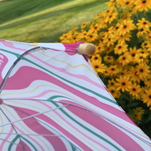 Vintage Oscar de la Renta Wooden Umbrella Pink and Green Swirls - Picture 11 of 16